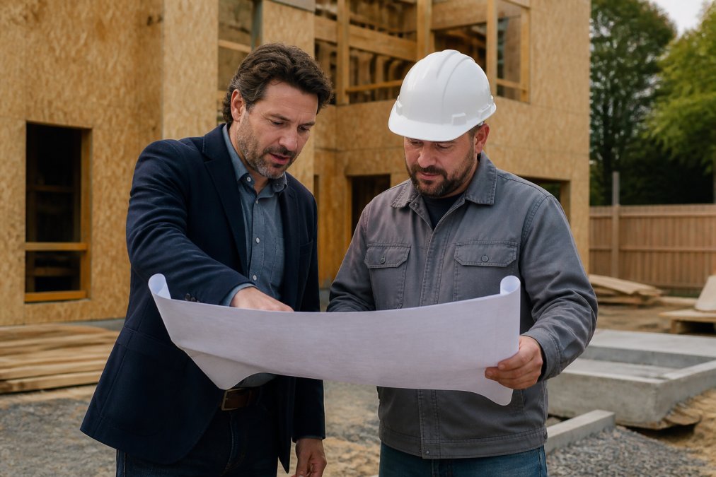 Professional real estate investor or property developer on a construction site reviewing blueprints with a contractor, showing active project management