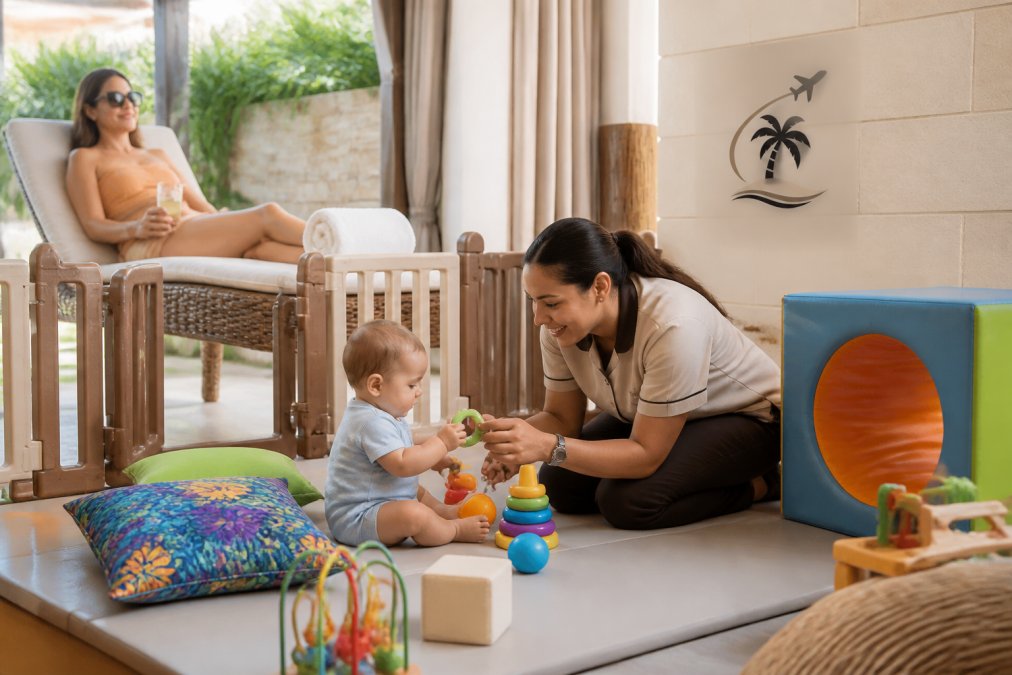 Parent relaxing on resort lounge chair while a trained childcare provider engages an infant in supervised play with colorful toys in a shaded, climate-controlled outdoor area, with safety gates and age-appropriate equipment visible