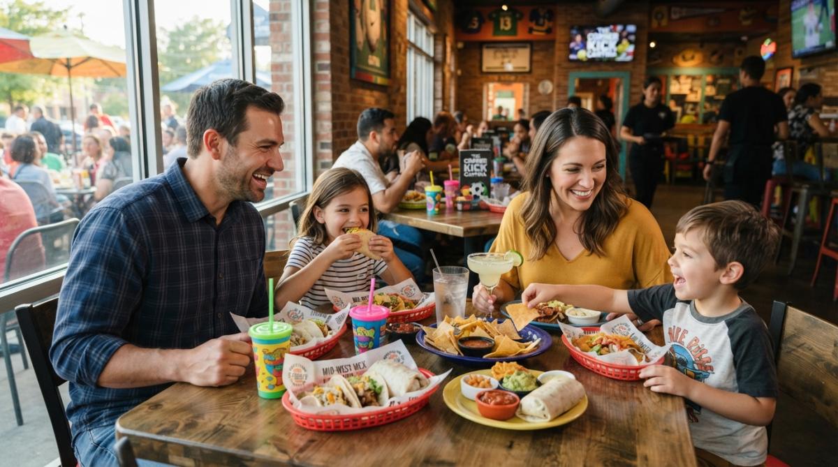 Family with young children enjoying a casual meal together at a restaurant table, smiling and engaged, with colorful plates of food and drinks visible, warm natural lighting from nearby windows