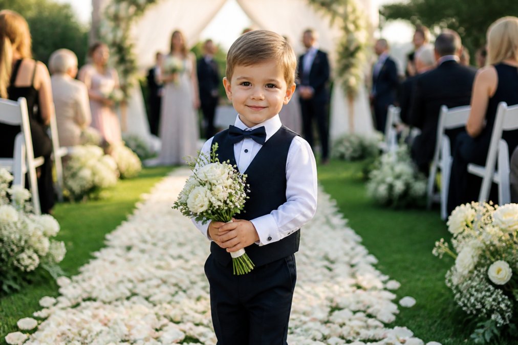 A smiling child in the best kids clothing for special occasions holding a floral bouquet at a wedding venue.