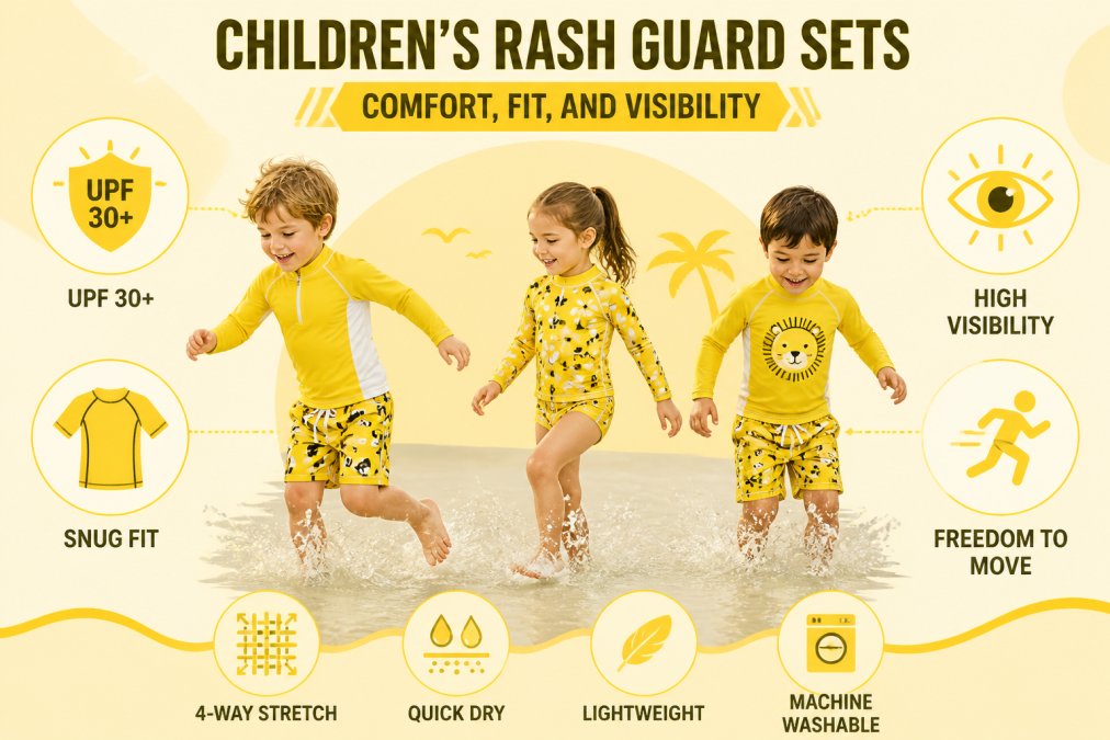 Young children wearing bright, colorful rash guard sets and swim trunks playing actively in shallow beach water, showing snug fit and movement