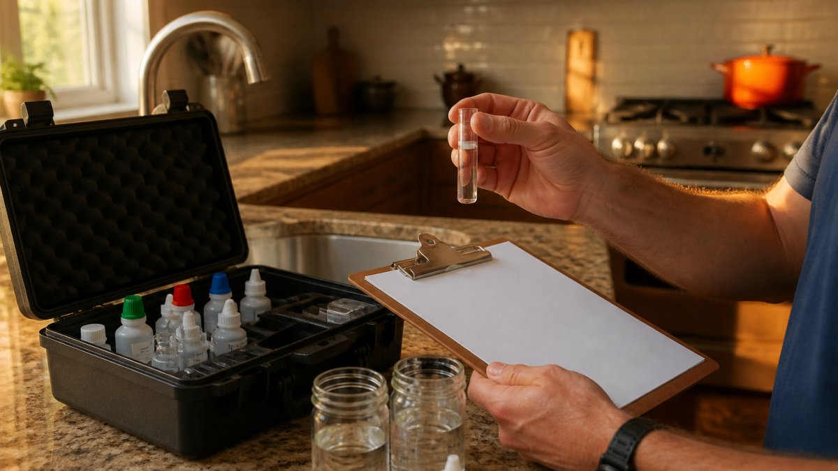 Homeowner testing water quality in a kitchen to evaluate potential Kinetico alternatives and home filtration systems