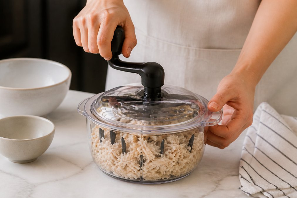 Close-up of hands using the Easy Grip Chicken Shredder with cooked chicken, showing the transparent lid and rotating handle in action on a kitchen counter