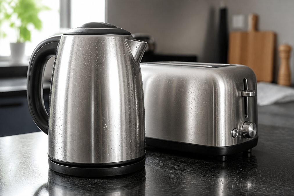 Close-up of stainless steel kettle and toaster on a modern kitchen countertop, showing quality construction and brushed metal finish with water droplets