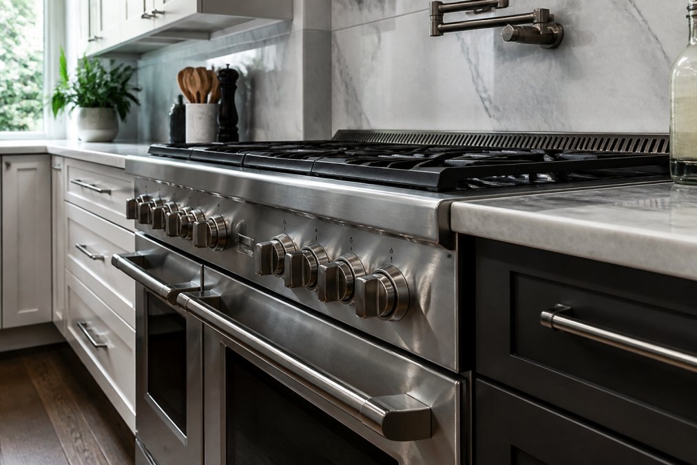 Close-up of stainless steel kitchen appliances in a modern kitchen showing polished finishes, quality construction details, and professional-grade materials under bright natural lighting