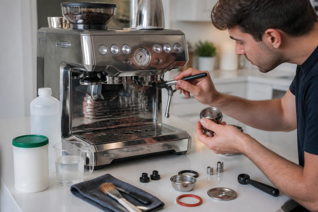 Homeowner performing routine maintenance on a kitchen espresso machine, cleaning group heads and descaling components with specialized tools in a bright home kitchen setting
