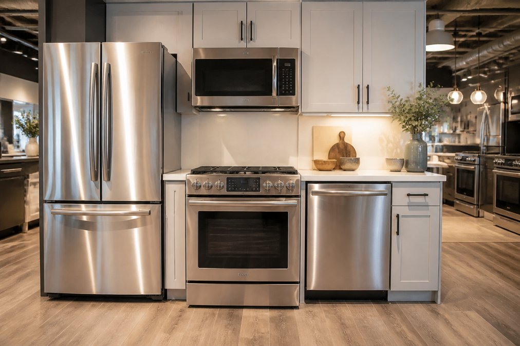 A bright, modern kitchen showroom with a stainless steel 4-piece appliance suite on display, including a French door refrigerator, freestanding range, dishwasher, and over-the-range microwave, under warm overhead lighting
