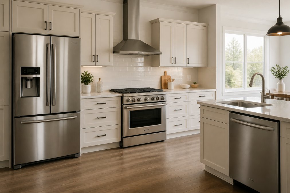 A bright, open-concept kitchen with a full suite of matching stainless steel appliances, including a counter-depth refrigerator, a convection range, and a dishwasher, under natural window light