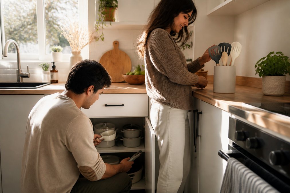 A couple in a small apartment kitchen organizing compact cookware with detachable handles, stacking pots neatly in a lower cabinet while arranging silicone utensils in a countertop holder, warm afternoon light coming through a window above the sink