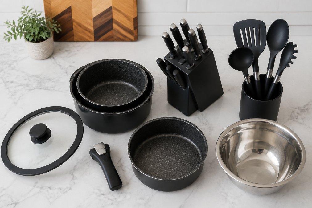 Flat-lay of a complete kitchen appliance set on a white marble countertop: a nonstick cookware set with detachable handles, a black knife block, silicone utensils in a holder, and a stainless steel mixing bowl, photographed from directly above in bright natural light