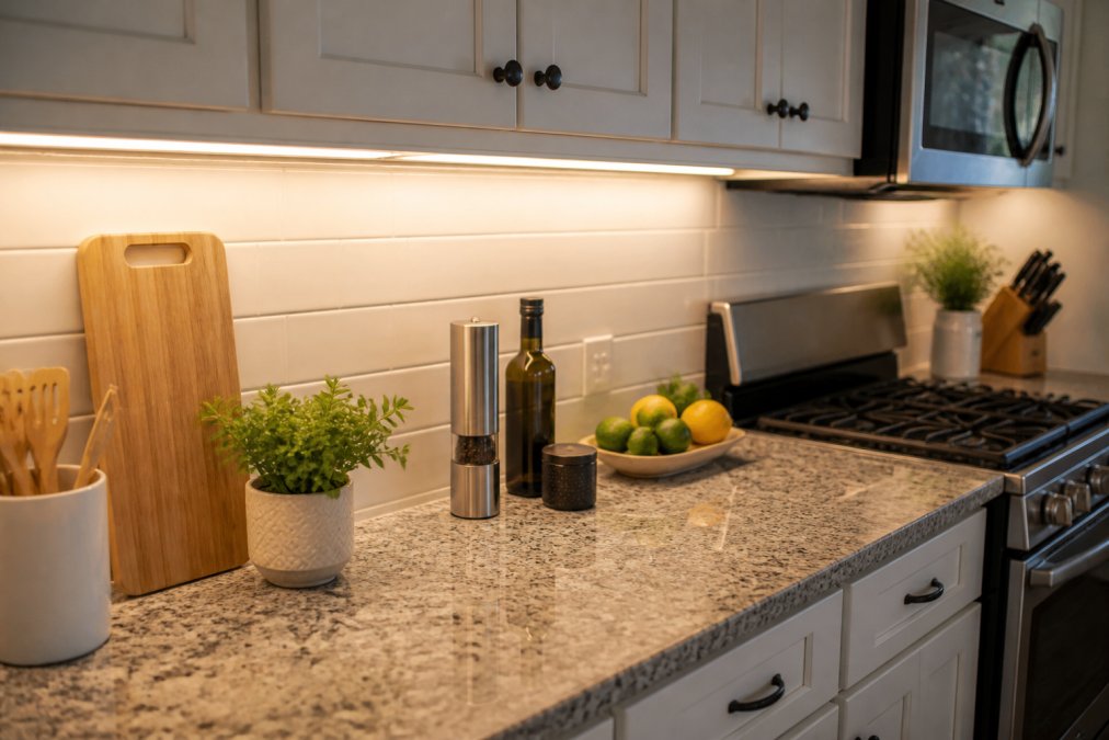 Bright, well-lit kitchen countertop with under-cabinet LED strips illuminating prep work, showing clear visibility and warm white light reflecting off stainless steel appliances and granite countertop