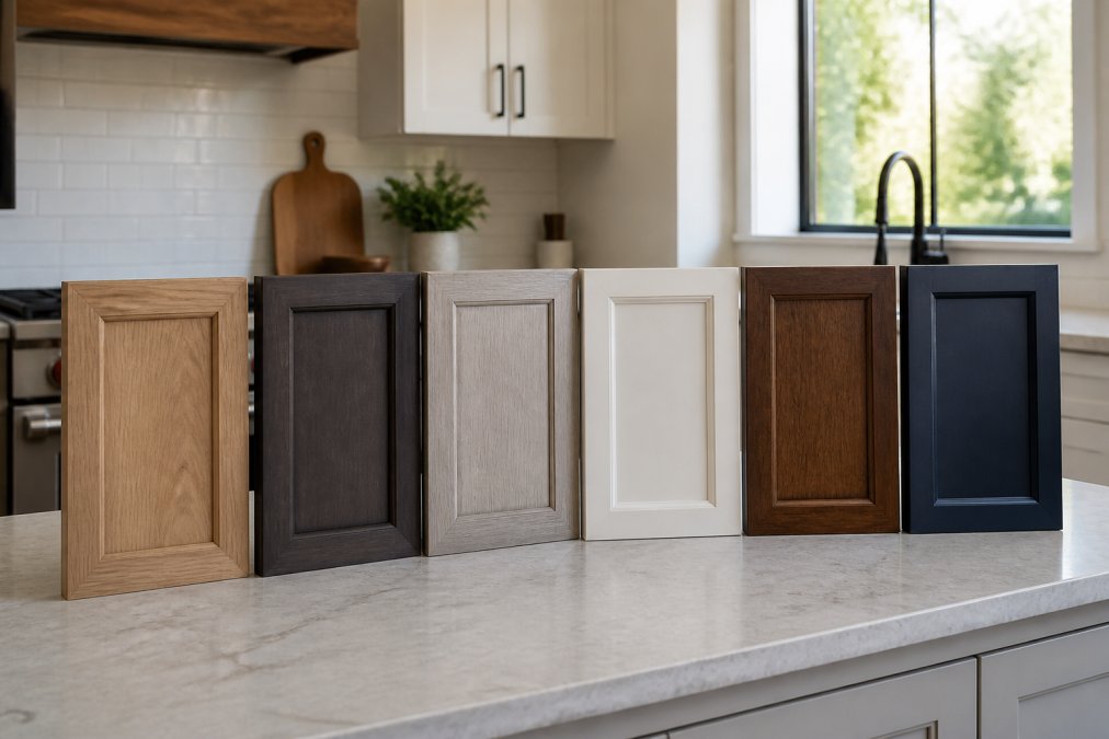 Samples of various kitchen cabinet materials arranged on a bright, sunlit countertop in a modern home kitchen.