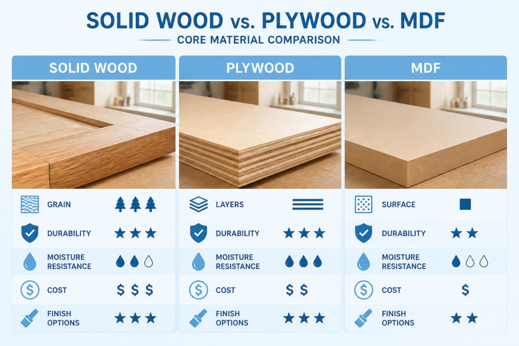 Comparison of solid wood, plywood, and MDF kitchen cabinet materials showing grain, layer, and surface textures