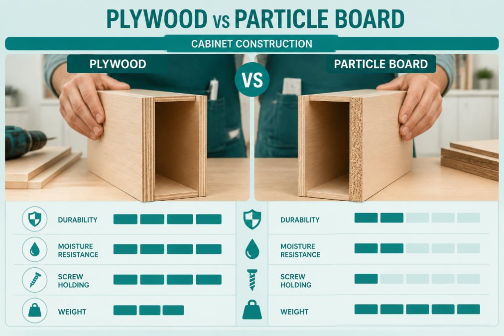 Close-up comparison of plywood and particle board edges held by a contractor in a bright workshop