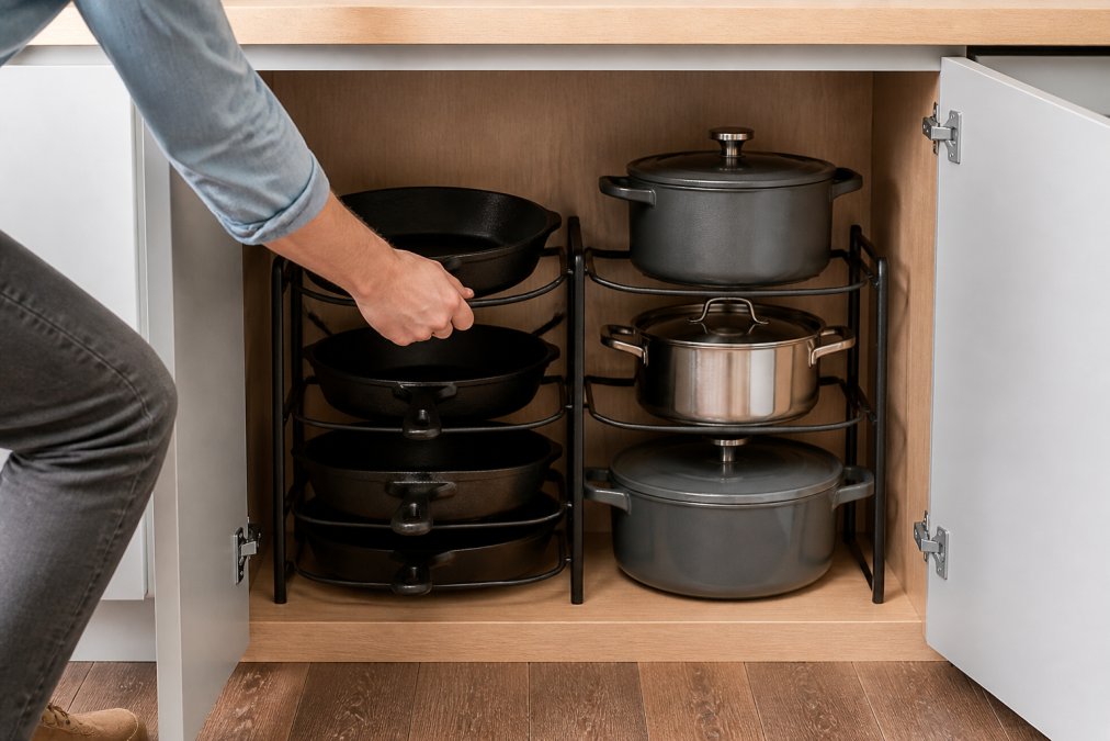 Hand reaching for a heavy cast iron skillet stored in durable carbon steel cabinet organizers.