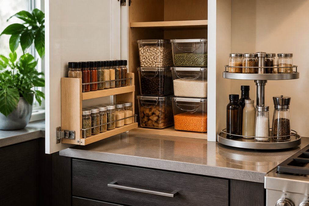 A well-organized small kitchen cabinet with a pull-out spice rack, clear stackable bins, and a lazy susan on the counter, shot in warm natural light