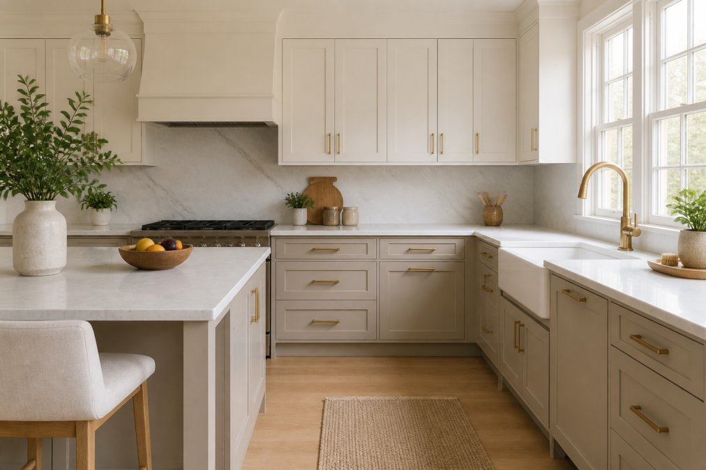 Modern kitchen with warm white upper cabinets and soft greige lower cabinets, brass bar pulls, white marble countertops, and natural light from large windows