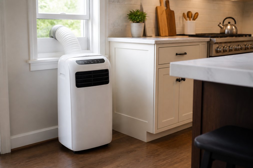Modern kitchen with a portable air conditioner unit positioned near the cooking area, exhaust hose routed through a window, display panel showing temperature controls, bright natural lighting