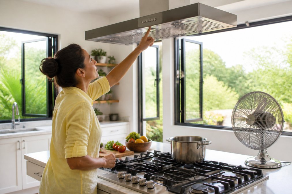 Homeowner adjusting ventilation settings in bright kitchen during meal preparation, showing cross-ventilation through open windows and strategic placement of cooling equipment
