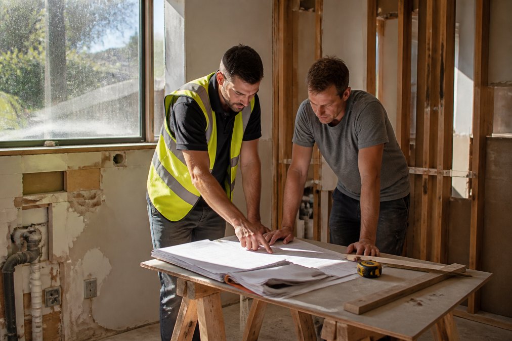 A project manager in a hi-vis vest reviewing renovation plans on a makeshift table with a homeowner in a partially demolished kitchen, morning light through a dust-covered window