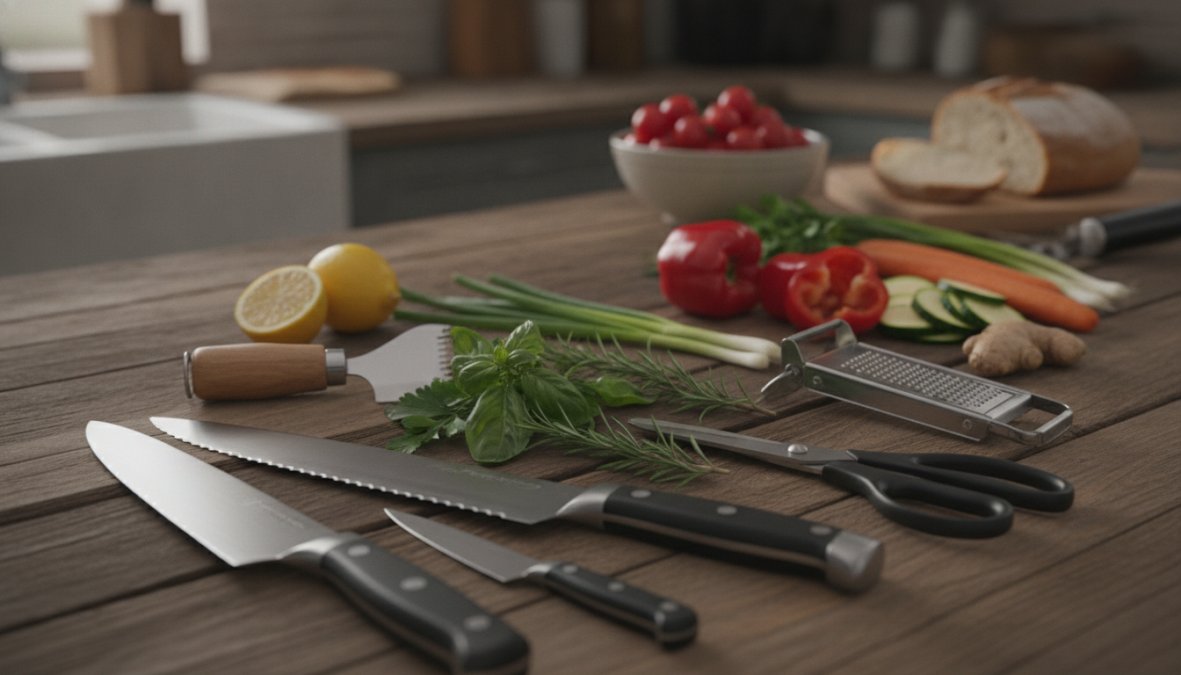 Close-up of a professional chef's knife on a wooden cutting board with fresh herbs, diced vegetables, and a bench scraper nearby