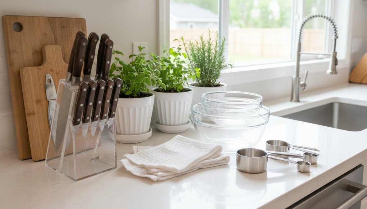 A well-organized kitchen counter displaying a professional knife set, glass mixing bowls in various sizes, stainless steel measuring cups, and folded kitchen towels arranged neatly in a bright, modern kitchen with natural window lighting