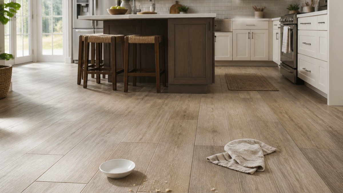 A sunlit residential kitchen with a large center island, showing a porcelain tile floor with a subtle wood-look pattern, a few scattered crumbs and a dropped dish towel suggesting real daily use