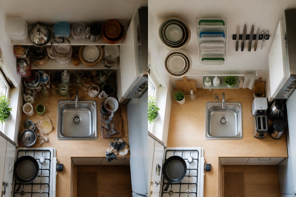 Before-and-after overhead view of a tiny apartment kitchen transforming from cluttered open shelving with scattered storage containers to organized vertical wall storage with nesting bowls, stacked Stasher bags, wall-mounted magnetic knife strip, and compact appliances arranged efficiently on counters
