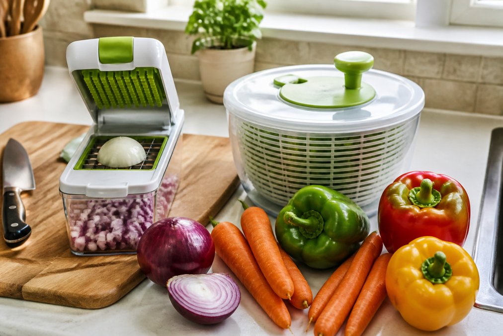 A flat-lay overhead shot of a clean kitchen countertop with a vegetable chopper, salad spinner, and fresh vegetables like carrots, onions, and bell peppers arranged neatly beside a wooden wooden cutting board, shot in warm natural window light