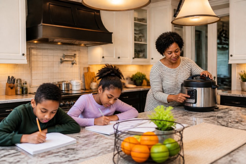 A busy family kitchen scene showing a parent pressing buttons on a multi-function electric pressure cooker while two children sit at a kitchen island doing homework, with warm overhead lighting and a well-stocked kitchen visible in the background