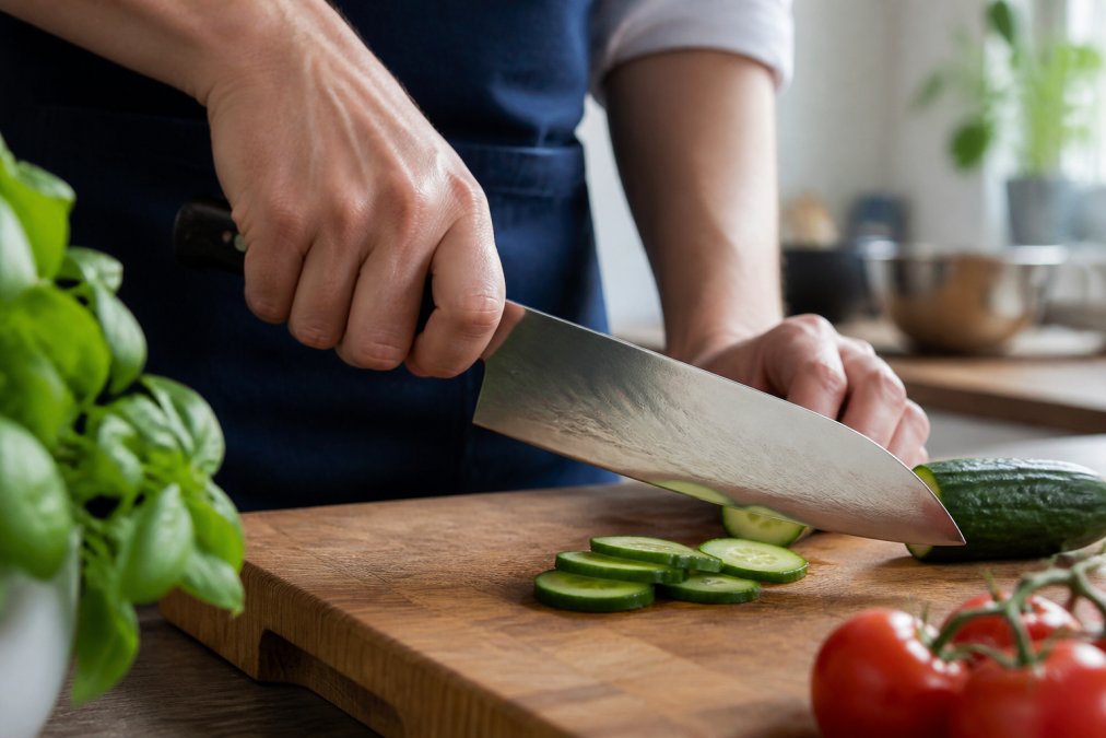 Home cook using a proper pinch grip on kitchen knives while prepping fresh vegetables on a wooden board