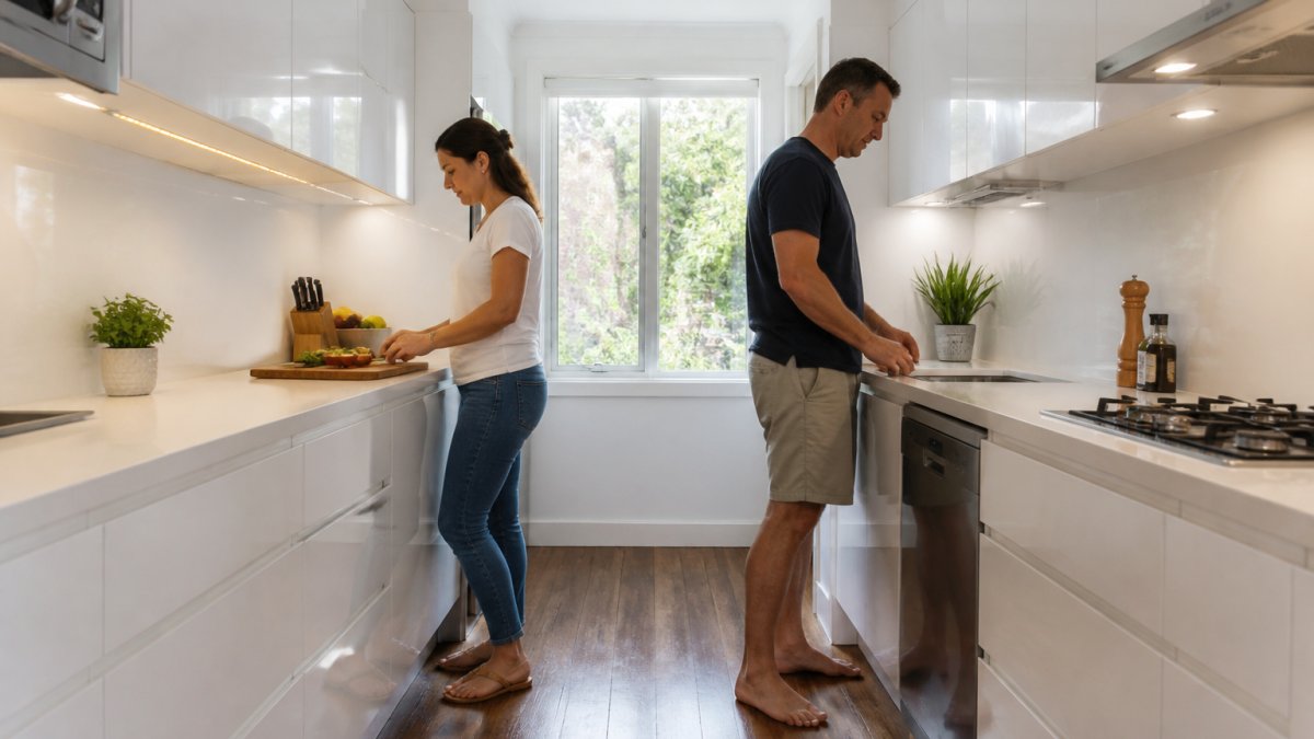 Bright modern galley kitchen with white cabinetry, stainless steel appliances, and two people working efficiently at opposite counters with natural light from a window at the end