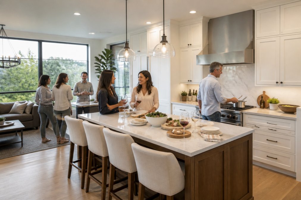 Modern open-concept kitchen with island counter, guests mingling and conversing while host prepares food at the range, large windows providing natural light, white inset cabinetry with clean lines and stainless steel appliances