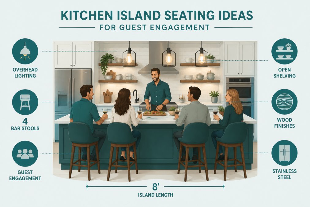 Kitchen island with four bar stools where guests are seated and conversing, host standing at the opposite side preparing appetizers, warm ambient overhead lighting, wood and stainless steel finishes, open shelving displaying dishware