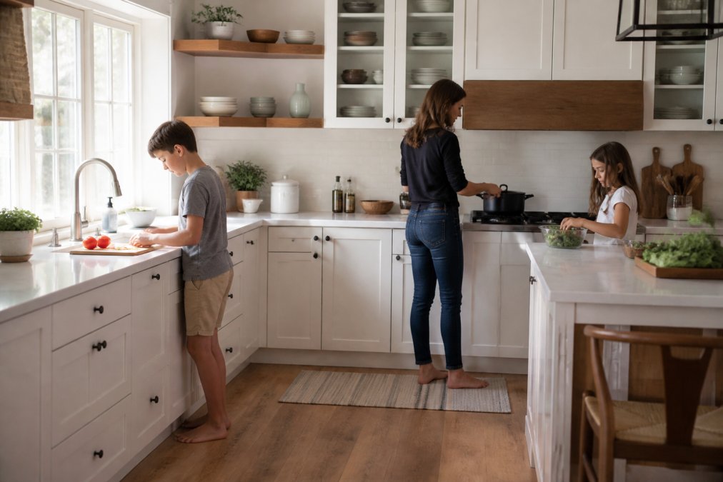 Bright, modern kitchen with an L-shaped layout where a parent and two children work together at different counter zones, natural light streaming through windows, visible cabinetry with organized shelving, clear separation between prep and cooking areas