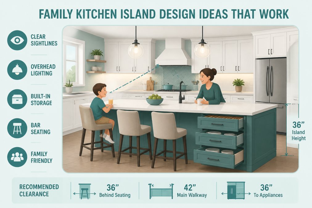 Functional kitchen island with bar seating where a child and adult interact comfortably, storage drawers visible underneath, warm lighting overhead, clear sightlines to the main cooking area, modern wood and white finishes