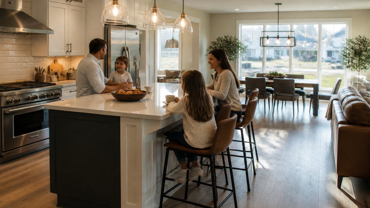 Modern open-plan kitchen with island, dining area visible beyond, natural light streaming through windows, family gathered around counter seating