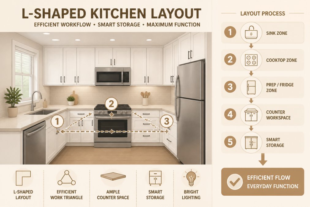 Modern small kitchen with L-shaped white cabinetry, stainless steel appliances, bright overhead lighting, and efficient workflow between sink and cooktop showing practical counter workspace