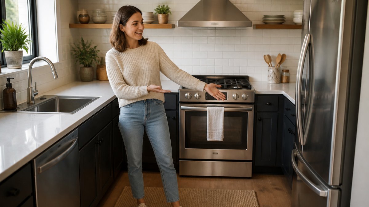 Homeowner standing in a compact kitchen, gesturing toward the sink, range, and refrigerator to show the work triangle flow and efficient appliance placement in a functional small space