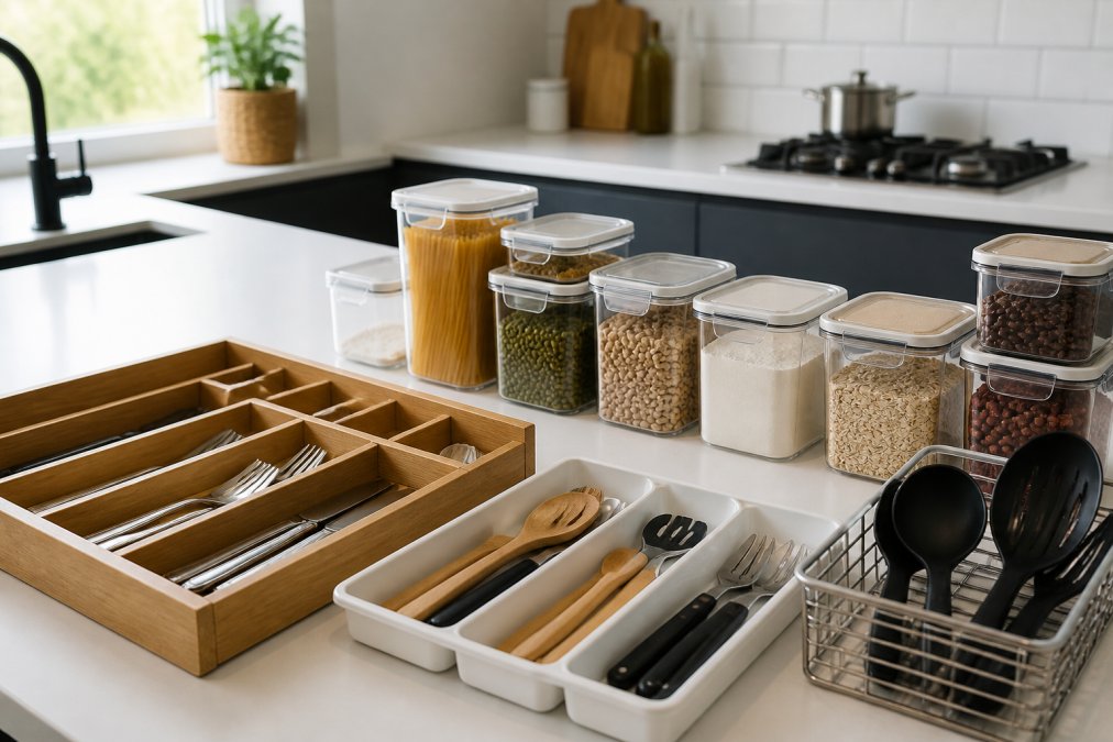 Modern kitchen counter with organized storage containers, drawer dividers, and utensil organizers neatly arranged on white countertop with natural window lighting