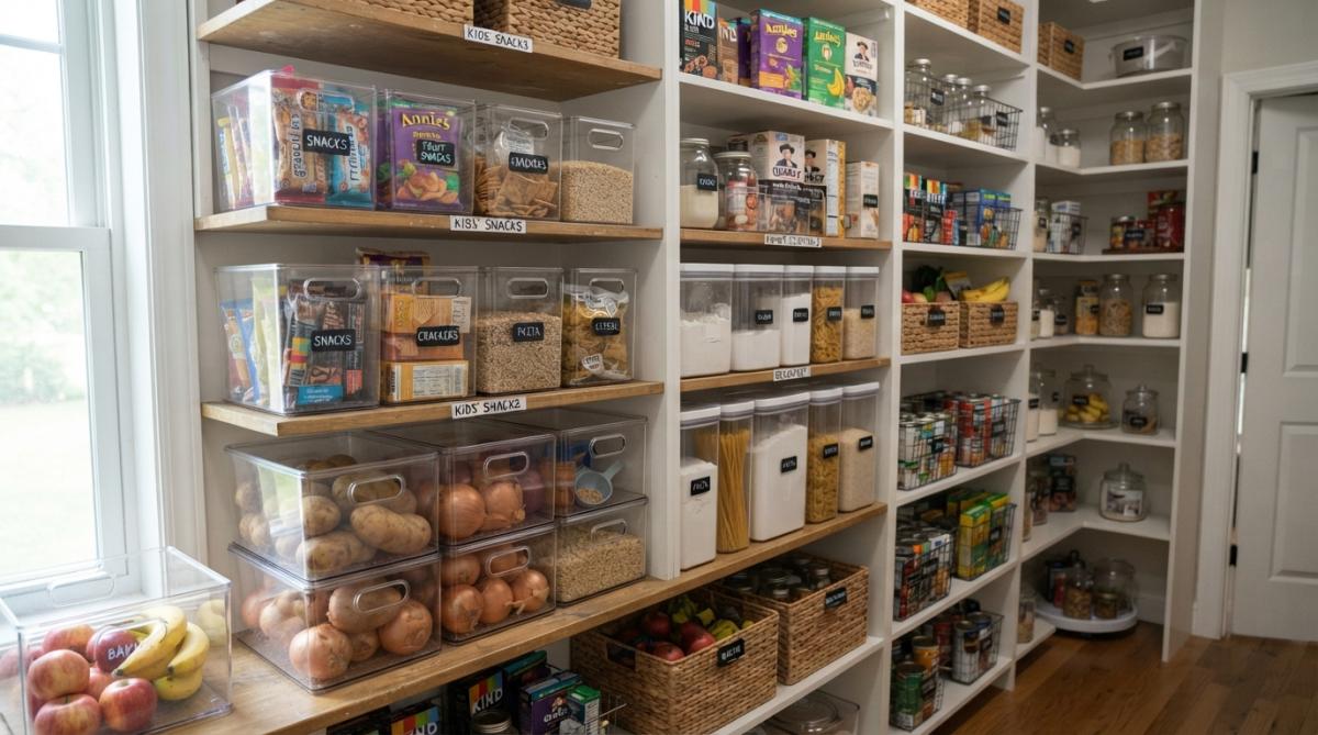 Well-organized family pantry with clear stackable bins containing flour, sugar, and dry goods on tiered shelves, with labeled containers and vertical storage maximizing space in bright kitchen lighting
