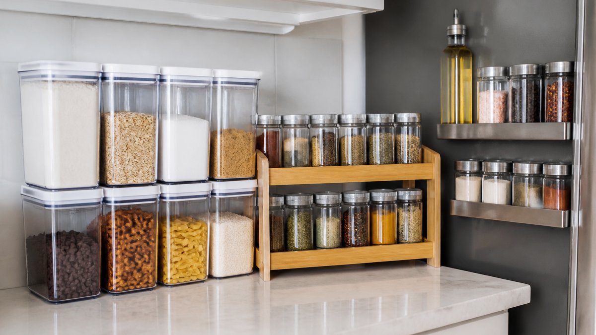 Infographic comparing storage canisters, spice racks, and magnetic shelves for efficient kitchen organization