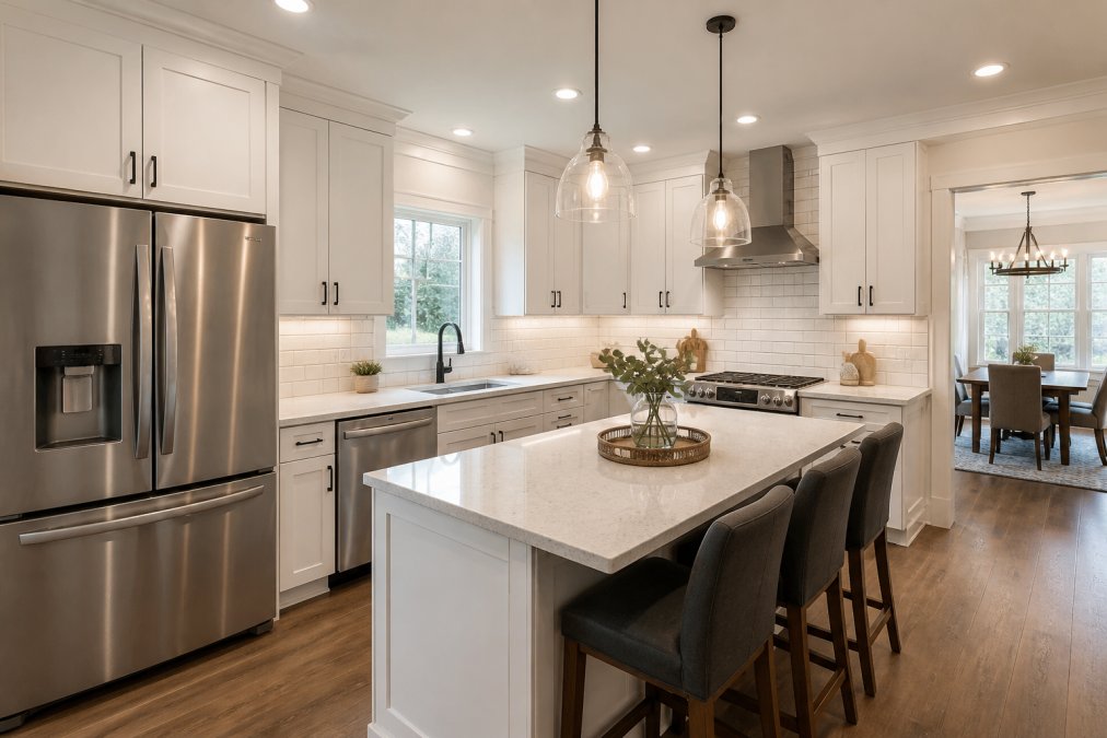 A beautifully renovated modern kitchen with white shaker cabinets, quartz countertops, a subway tile backsplash, and stainless steel appliances under warm pendant lighting, photographed from a wide angle showing the full kitchen layout
