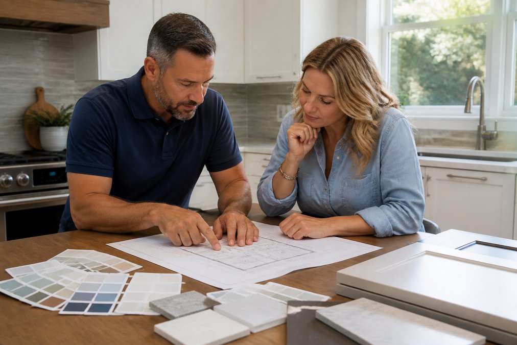 A contractor and homeowner reviewing renovation plans together at a kitchen table, pointing to design drawings with paint samples and material swatches spread out nearby, in a well-lit room with natural window light