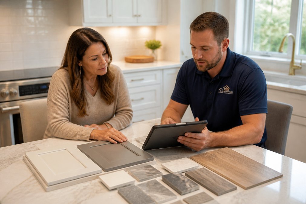 A homeowner and a contractor reviewing kitchen design plans and material samples on a tablet at a table, with a bright kitchen in the background