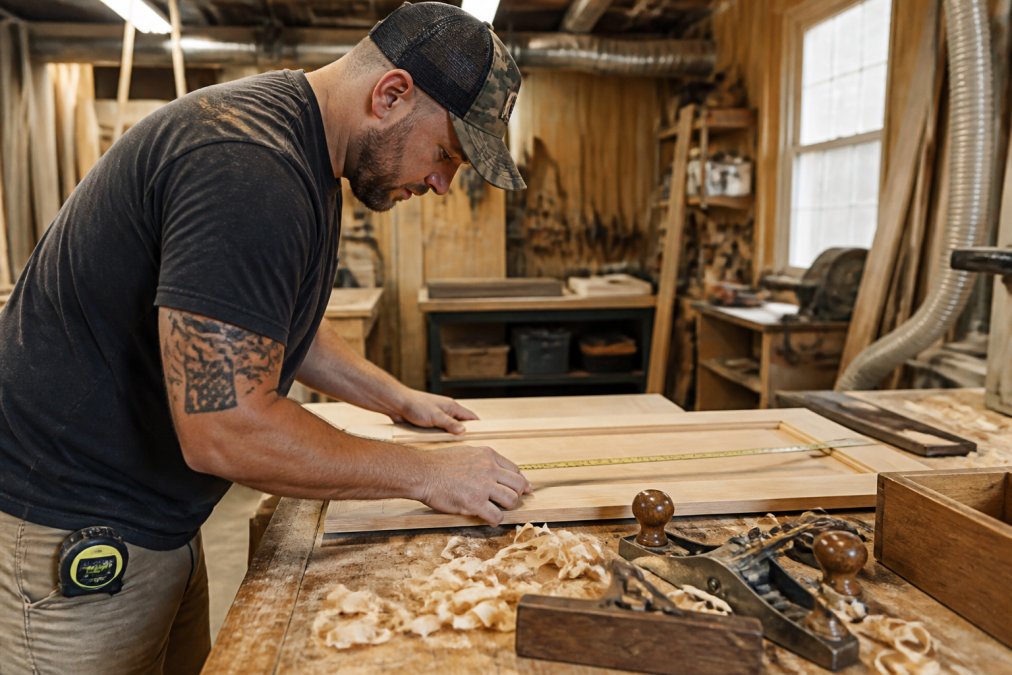 A craftsman in a woodworking shop measuring a custom kitchen cabinet door, wood shavings and hand tools visible on a workbench under warm overhead lighting