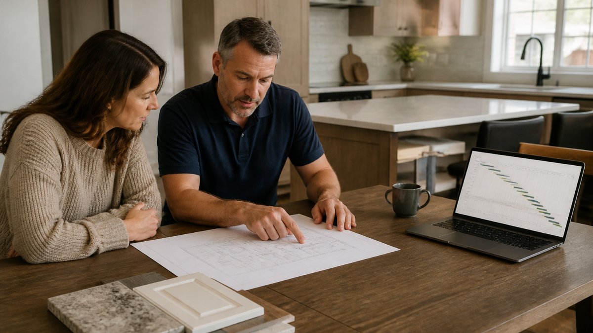 A homeowner and a contractor reviewing kitchen blueprints and material samples at a dining table in a bright home, with a laptop showing a project timeline nearby