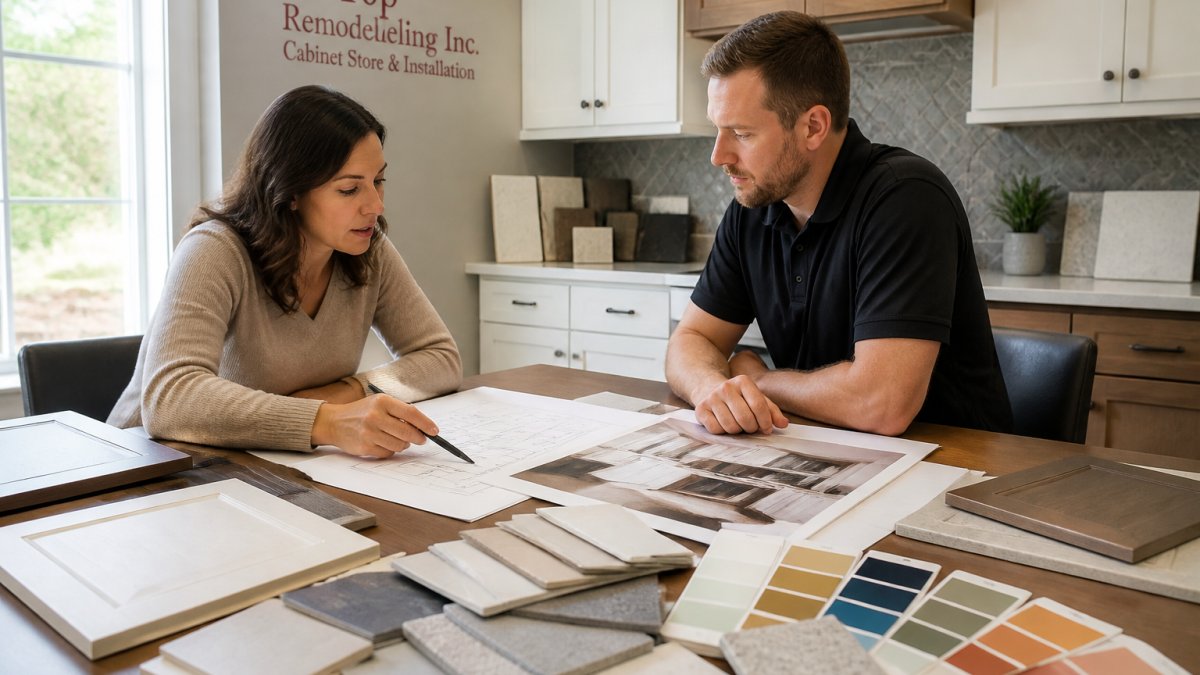 Homeowner and contractor reviewing kitchen remodeling plans and design samples at a table with fabric swatches, paint colors, and cabinet materials spread out in natural daylight