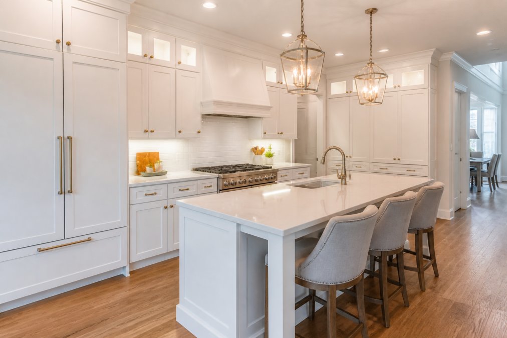 A finished modern kitchen remodel with white custom cabinetry, quartz countertops, a kitchen island, and warm pendant lighting in a bright residential home with hardwood floors