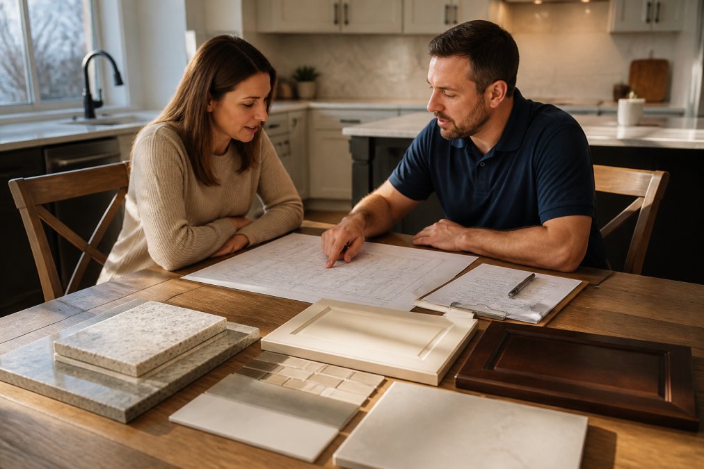 A homeowner and a contractor sitting at a kitchen table reviewing renovation plans together, with material samples, a clipboard, and cabinet door samples spread across the table in warm afternoon light